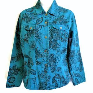 Chicos Denim Jacket Floral Blue Black Cotton Trucker Pocket Flaps 0 Small 4